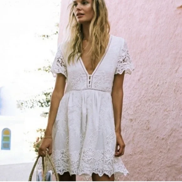 Spell White Embroidered Lace Mini Dress Medium - Picture 3 of 16
